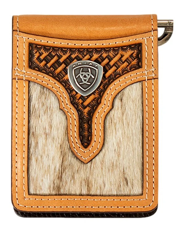 Ariat Mens Calf Hair Basket Weave Bifold Money Clip Natural