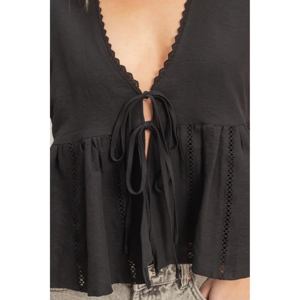 Baby Doll Tie Front Black Top - Image 3
