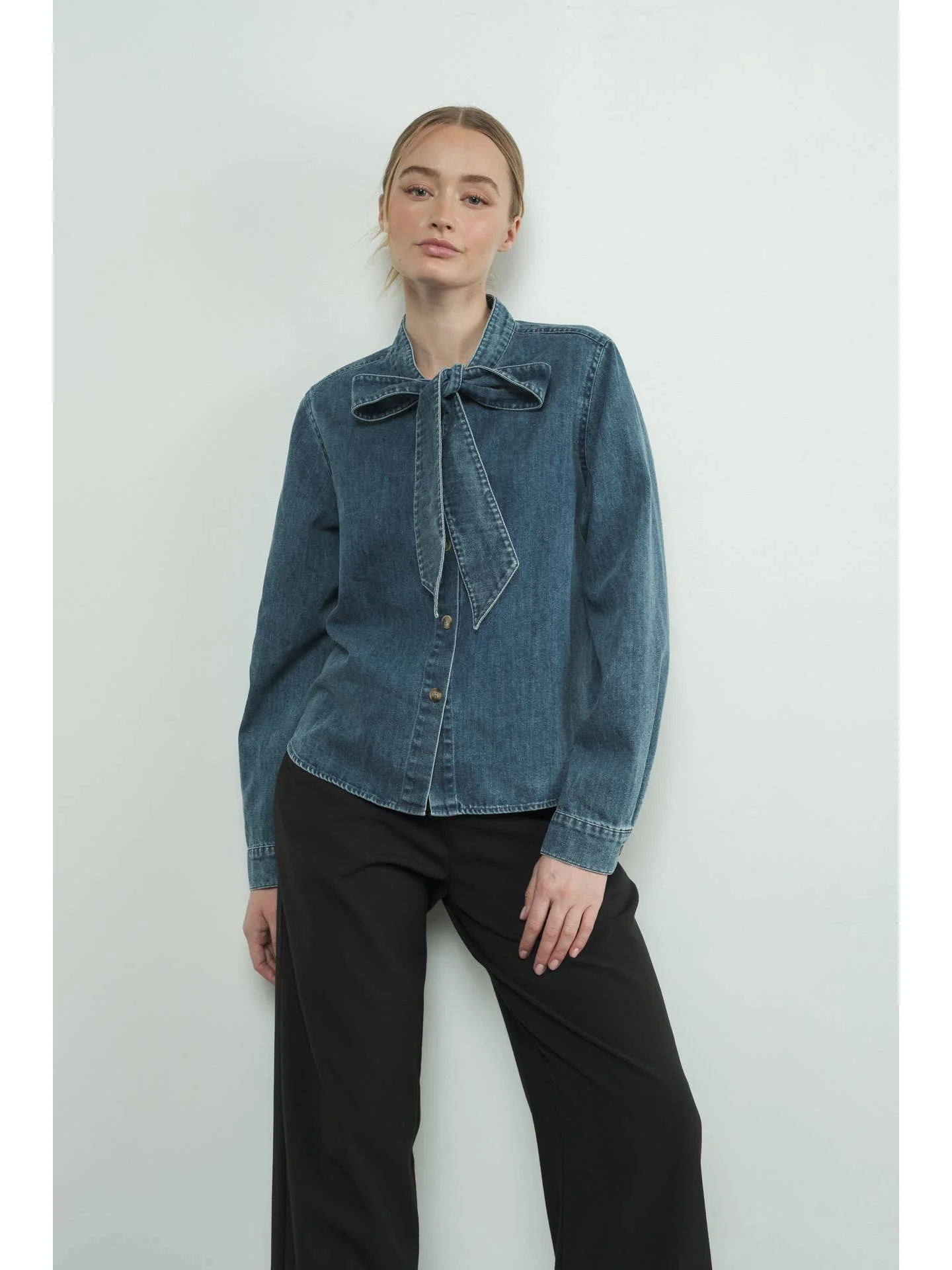 LAST ONE Bashful Bow Tie Denim Shirt