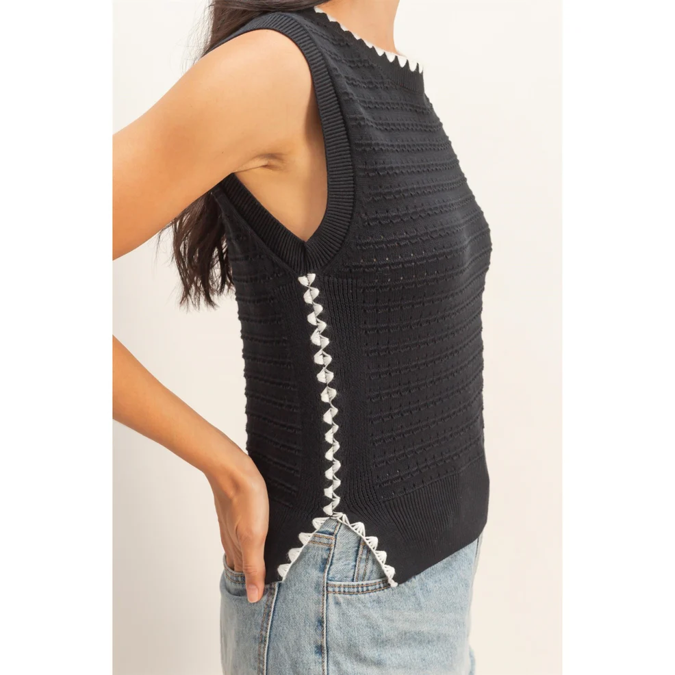Black Eyelet Sleeveless Knit Top - Image 2