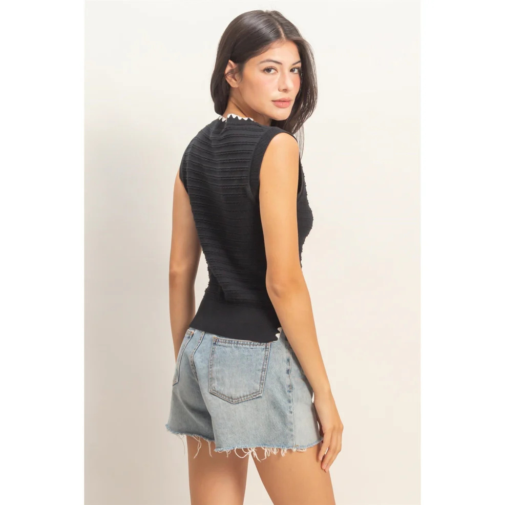 Black Eyelet Sleeveless Knit Top - Image 3