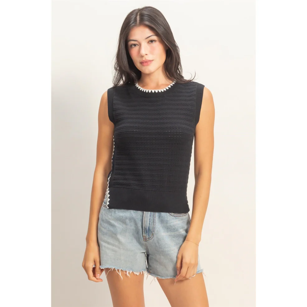 Black Eyelet Sleeveless Knit Top - Image 4