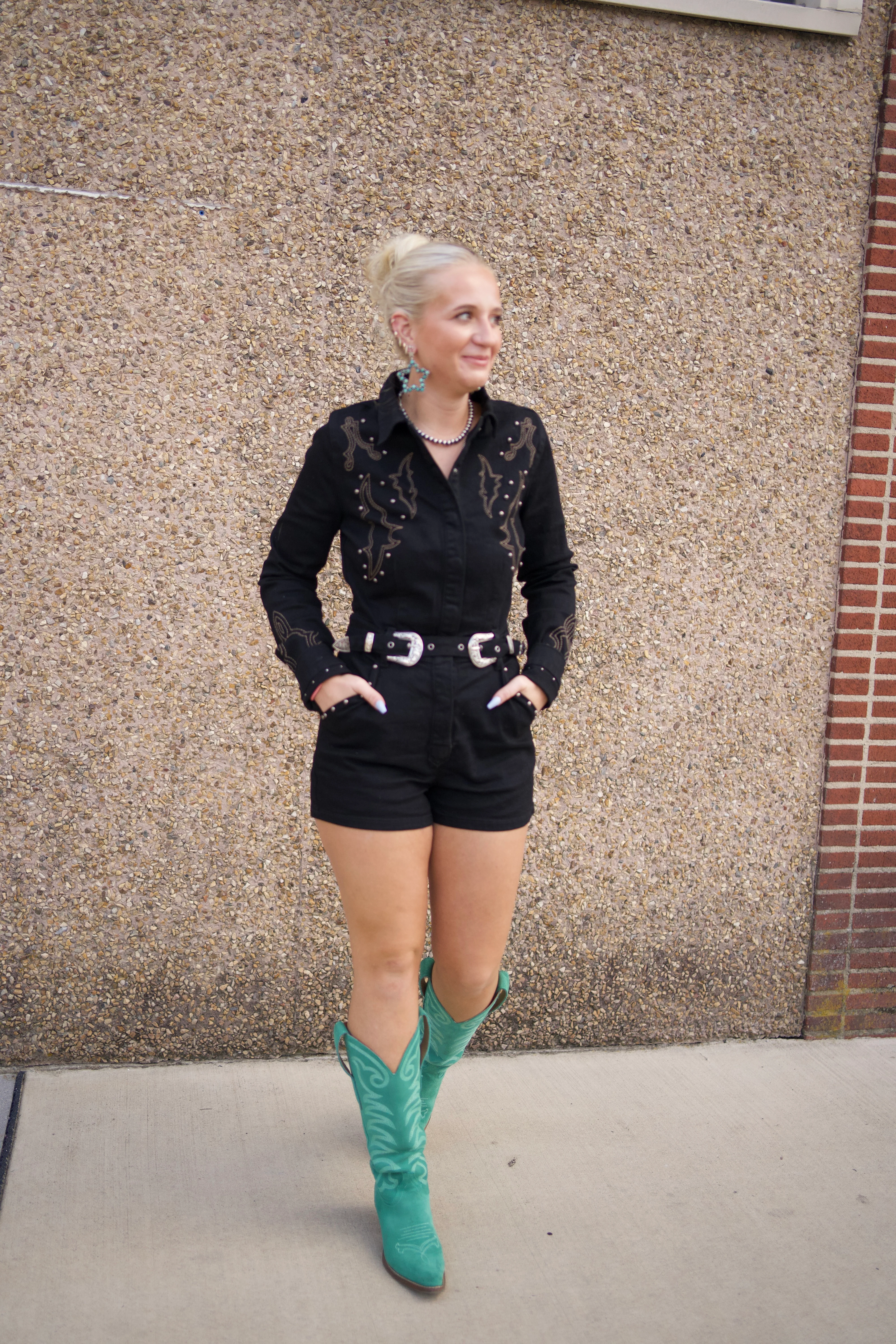 Boot Stitch Black Denim Romper - Image 2