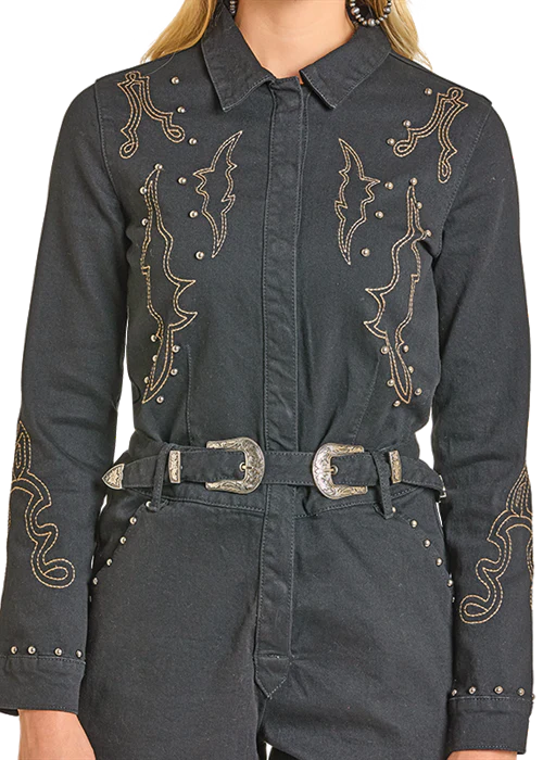 Boot Stitch Black Denim Romper - Image 7