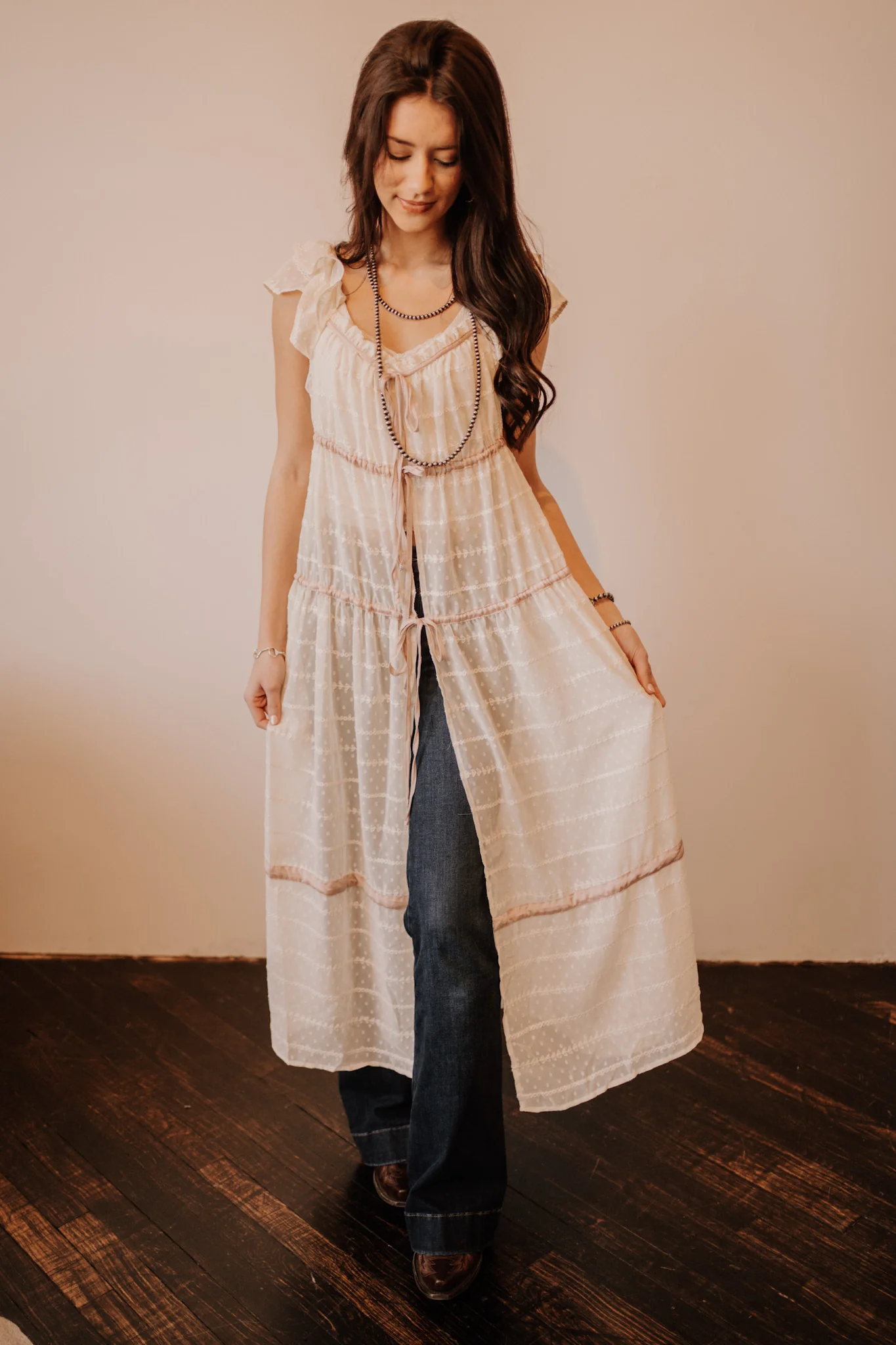 Woven See Through Open Front Flare Maxi Dress