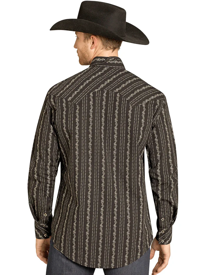 Rock & Roll Denim Mens Wallpaper Print Long Sleeve Snap Shirt Black - Image 2