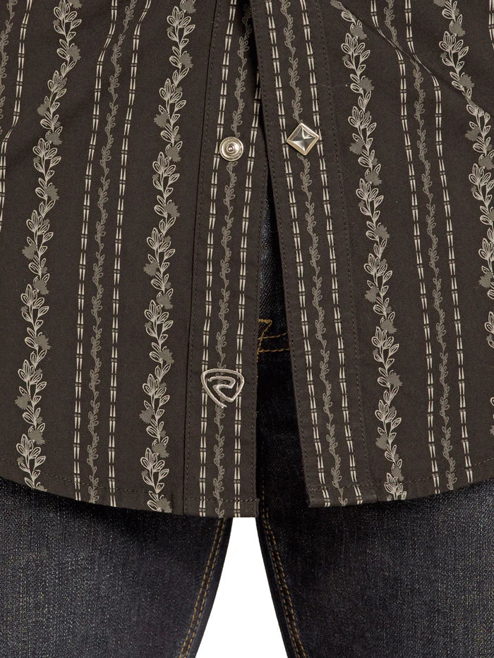 Rock & Roll Denim Mens Wallpaper Print Long Sleeve Snap Shirt Black - Image 3