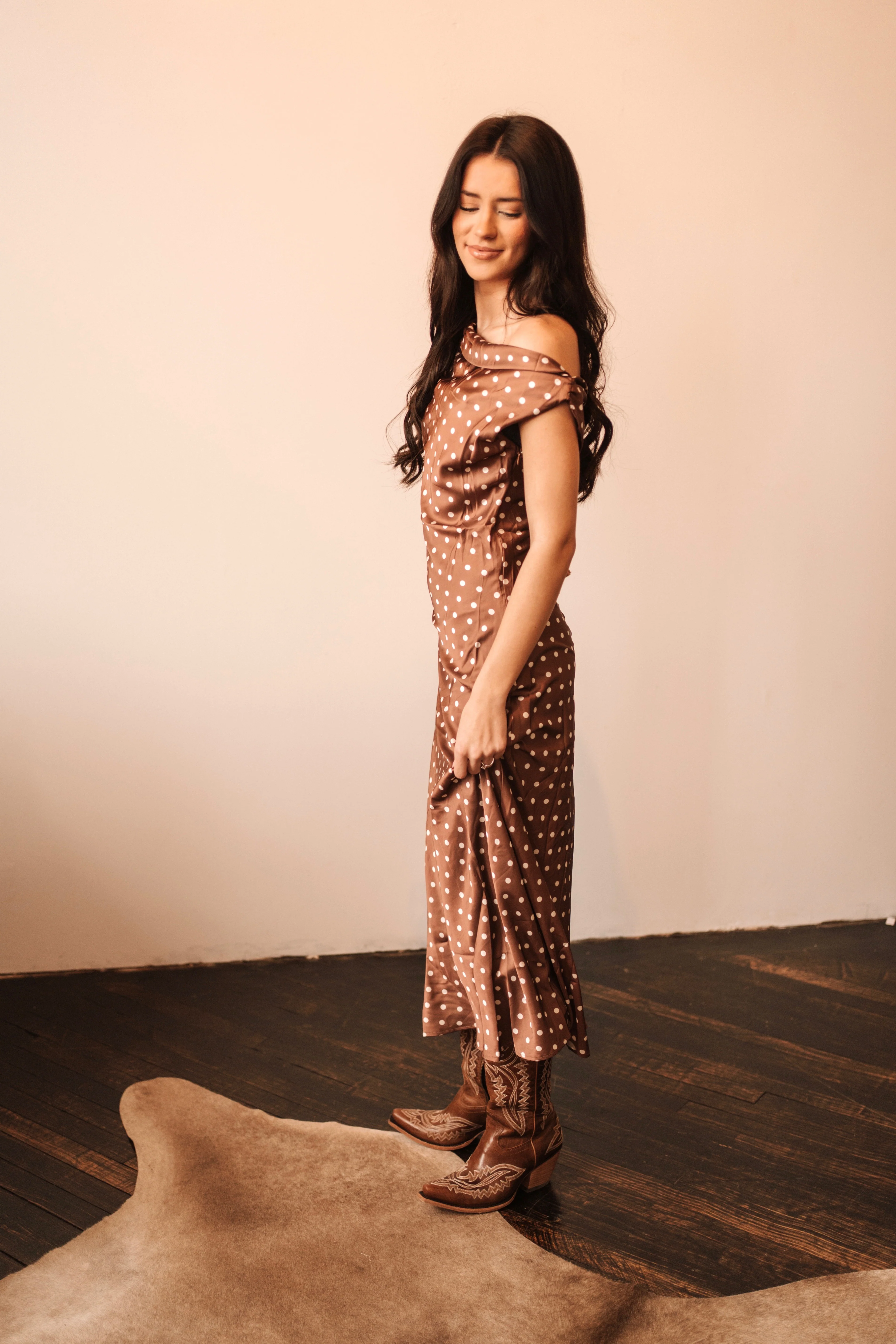 Chocolate Satin Polka Dot Dress - Image 2