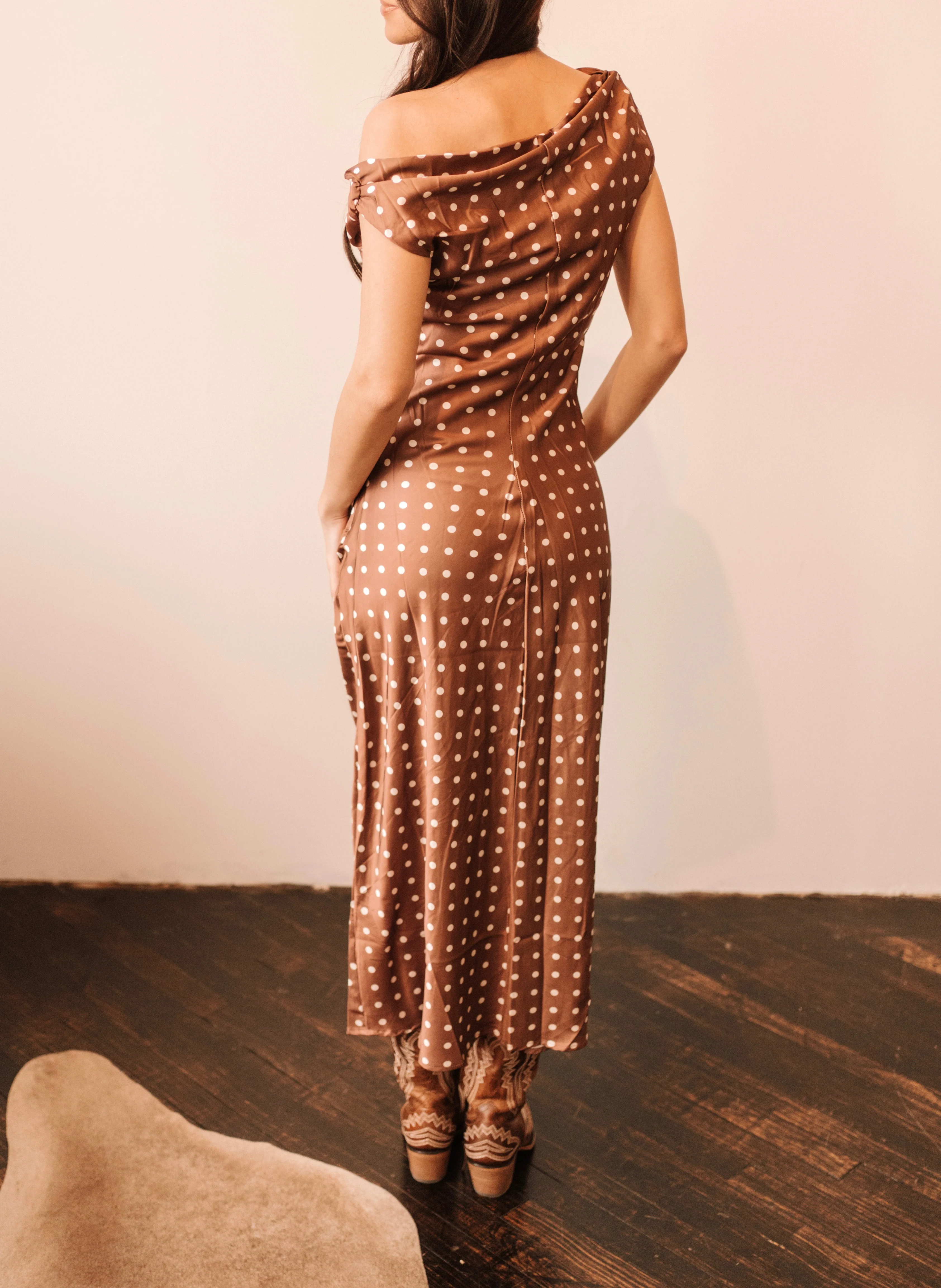Chocolate Satin Polka Dot Dress - Image 3
