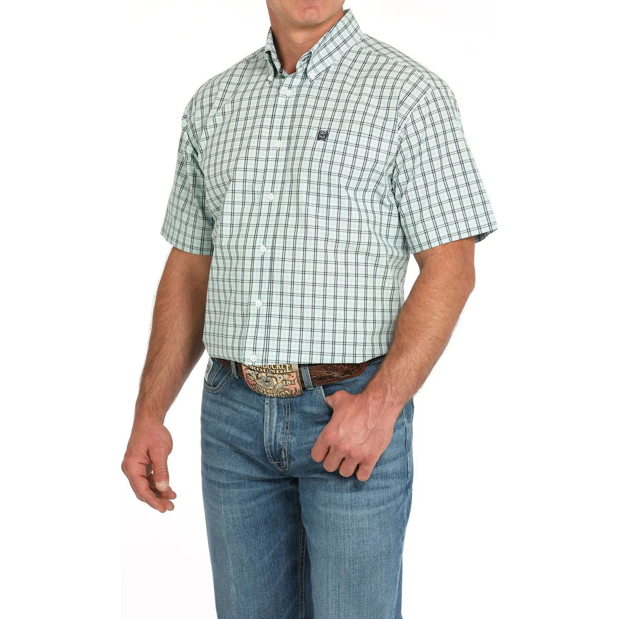 Cinch Turquoise Plaid Men's Short Sleeve - Image 3