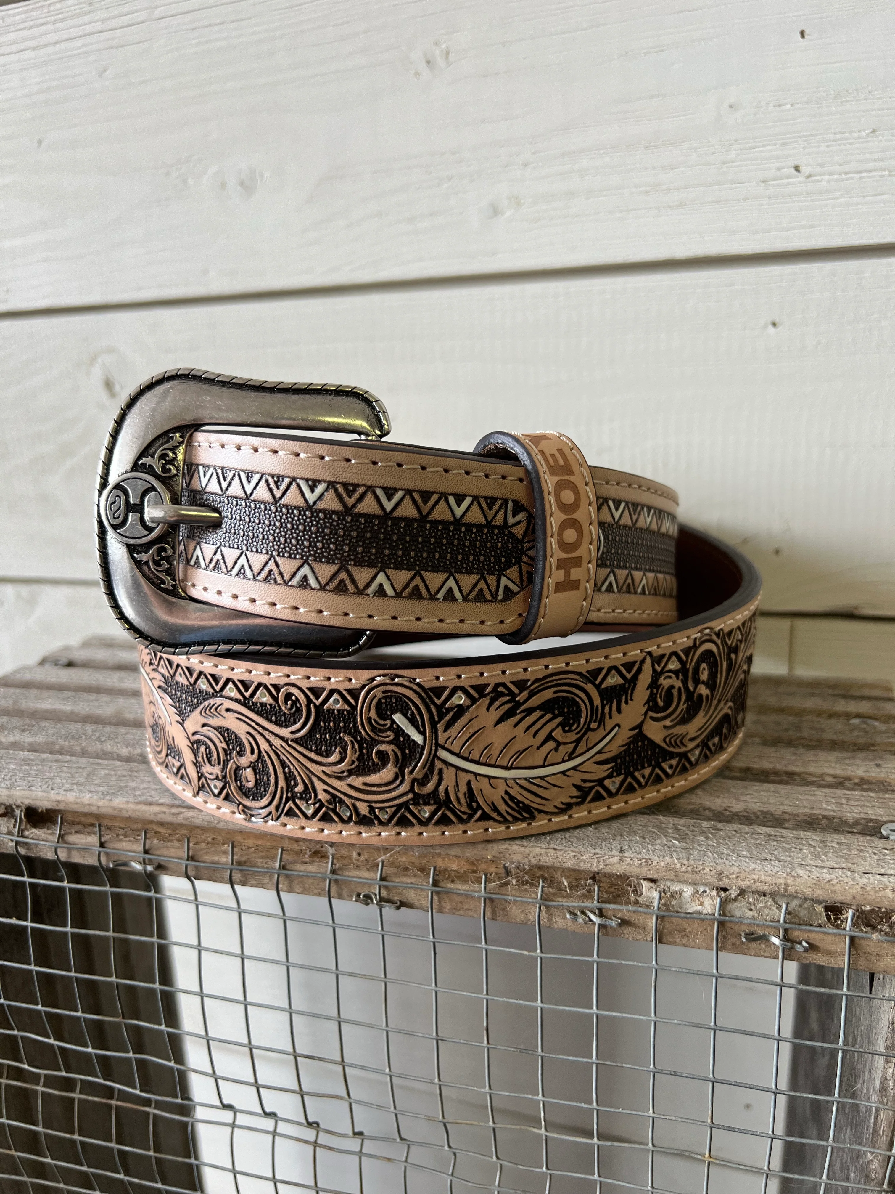 Natural Tooled & White Hooey Men's Belt - Image 2