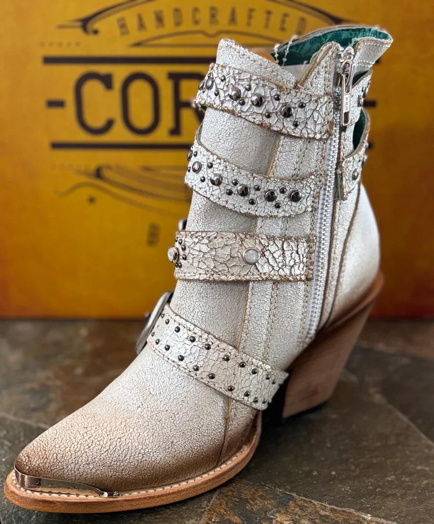Corral Straps & Studs Silver & White Pointed Toe Booties - Image 2