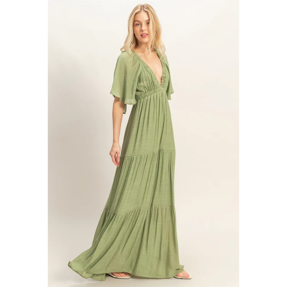 Flutter Sleeve Olive Maxi Dress - Image 2