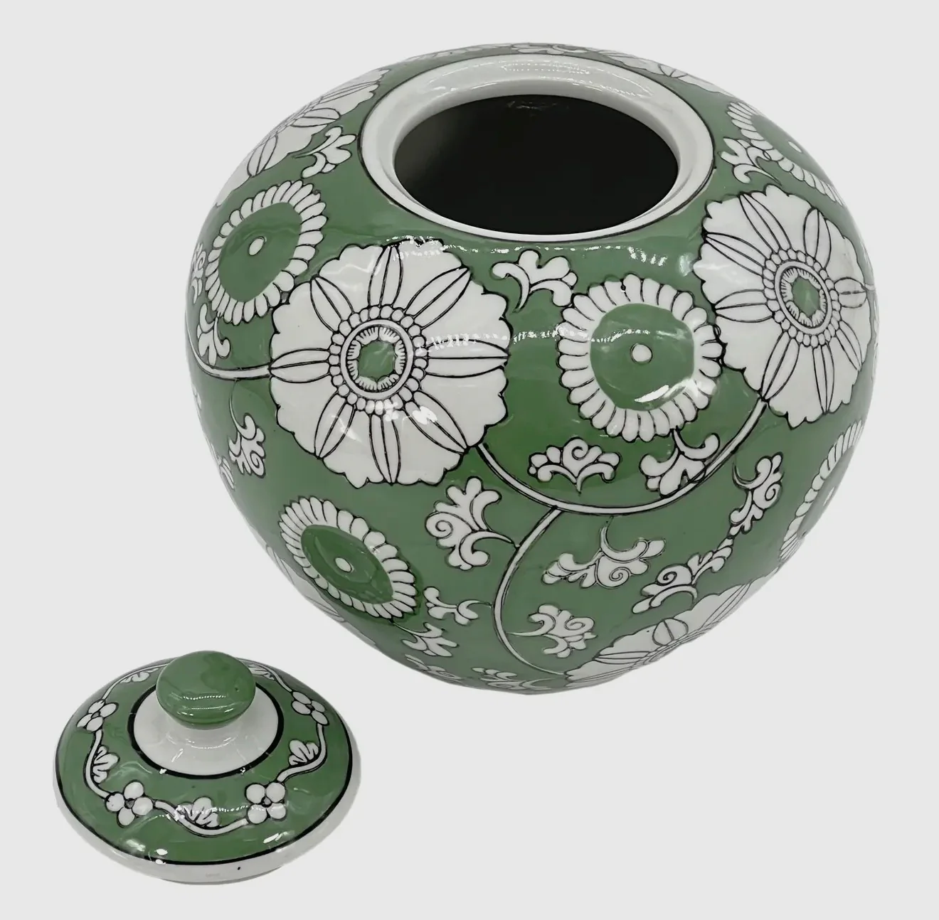 Green and white floral ceramic ginger jar 8” - Image 2