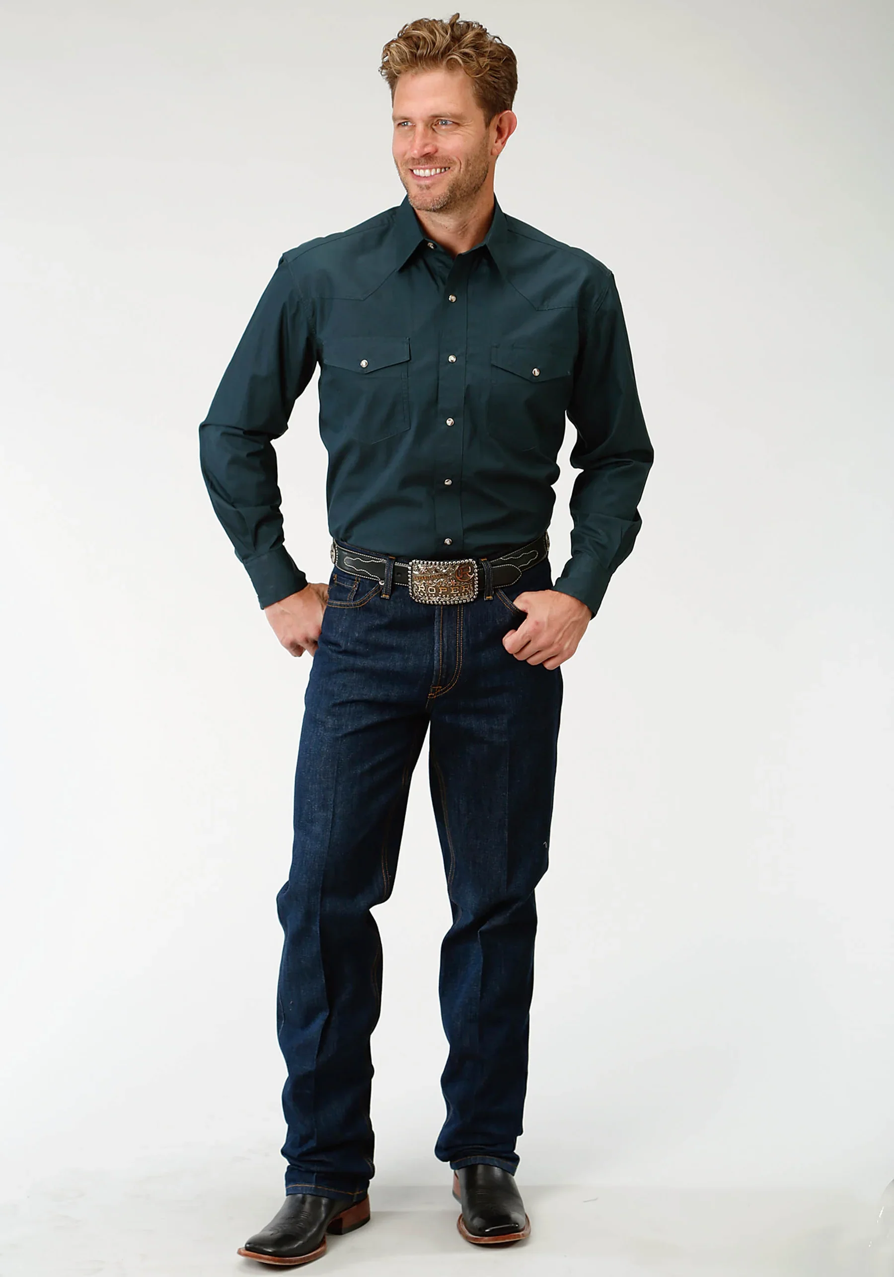 Green Solid Long Sleeve Western Snap Shirt - Image 2