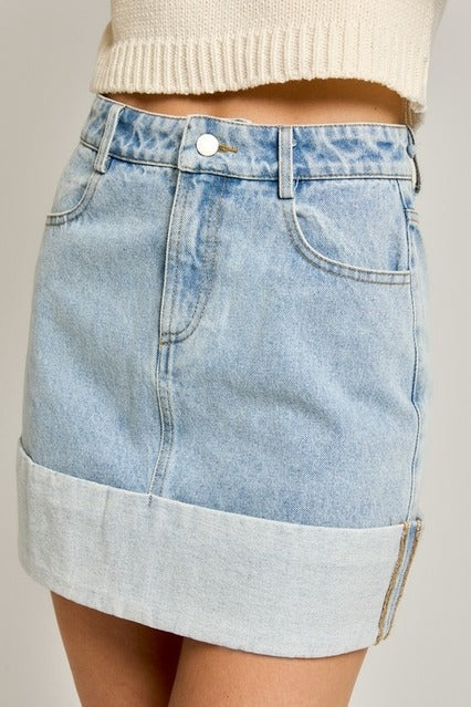 High Waisted Cuffed Hem Denim Mini Skirt - Image 2