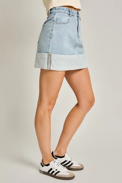 High Waisted Cuffed Hem Denim Mini Skirt - Image 3