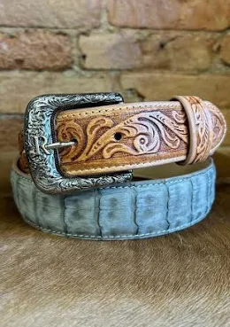 Men's Charcoal Nubuck Sueded Caiman with Natural Tanned Billets Western Belt - Image 2