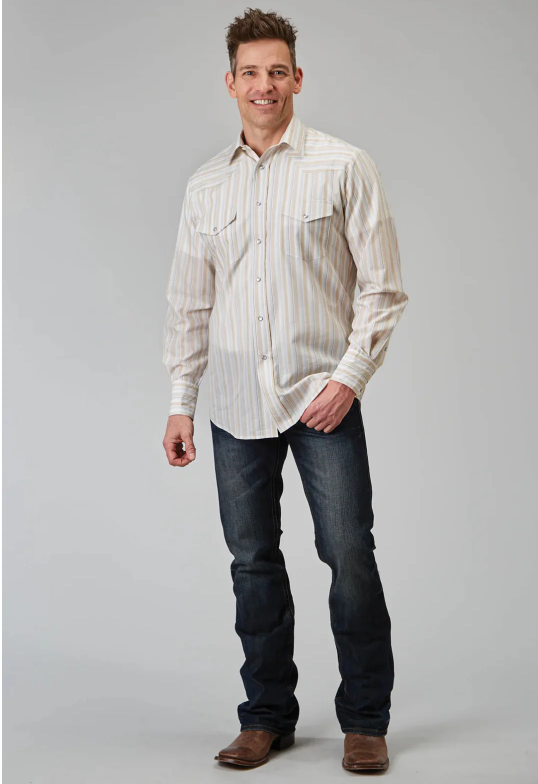 MENS LONG SLEEVE SNAP NEUTRAL STRIPE WESTERN SHIRT - Image 2