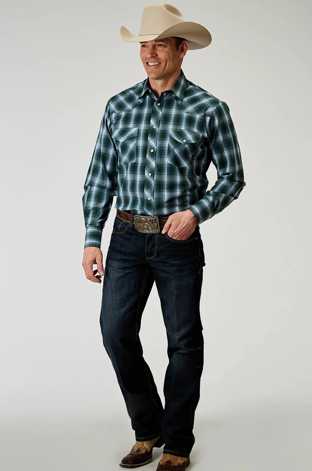MENS LONG SLEEVE SNAP OCEAN PLAID WESTERN SHIRT - Image 3