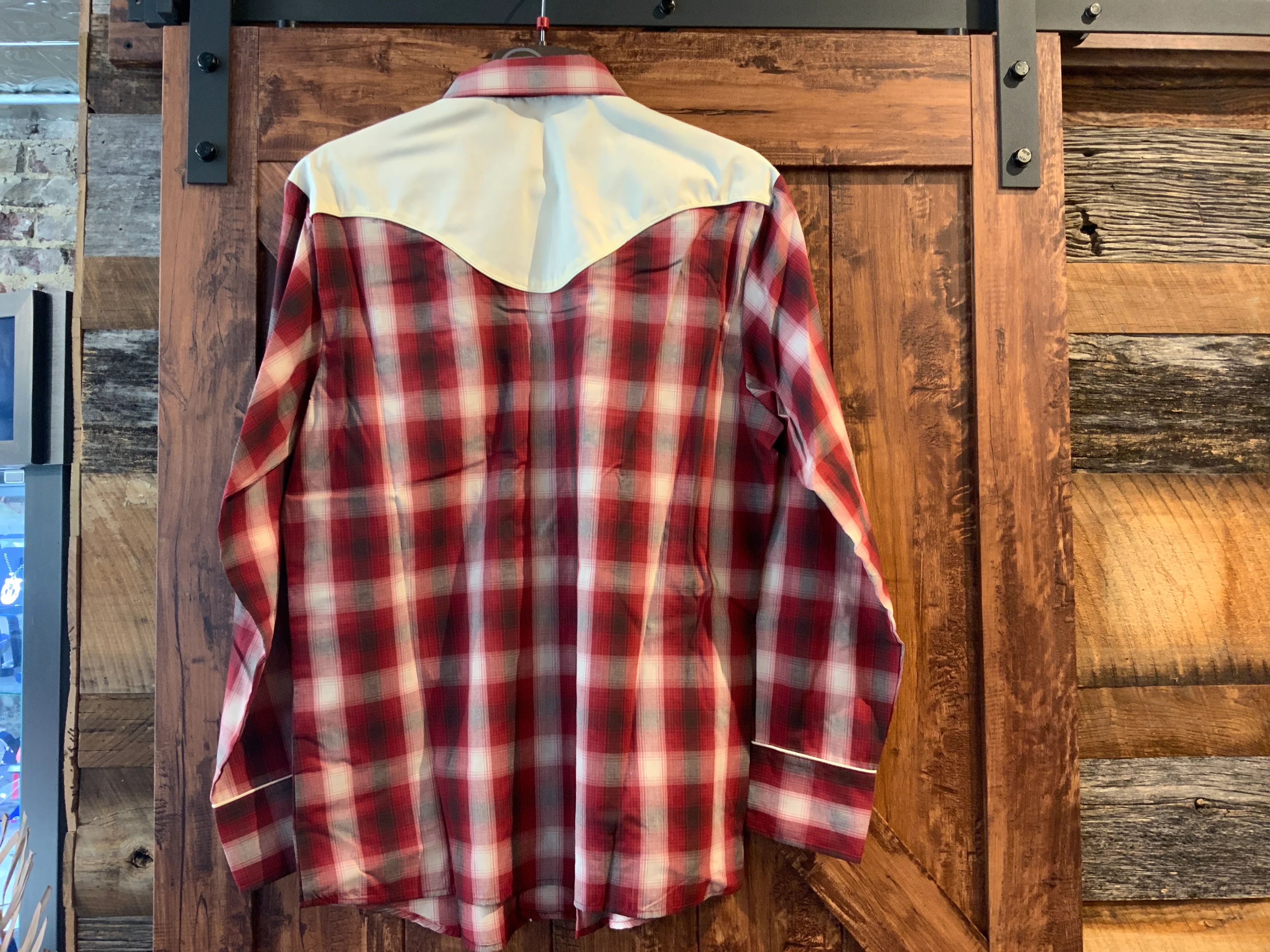 Mens Roper Red Plaid Snap Up w/ White Embroidery - Image 2