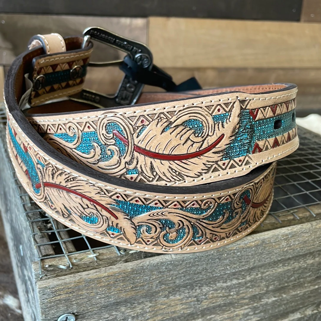 Natural Tooled & Teal Hooey "War Paint" Men's Belt - Image 2