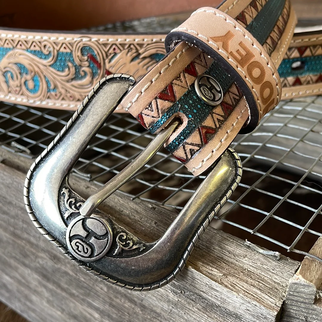 Natural Tooled & Teal Hooey "War Paint" Men's Belt - Image 3