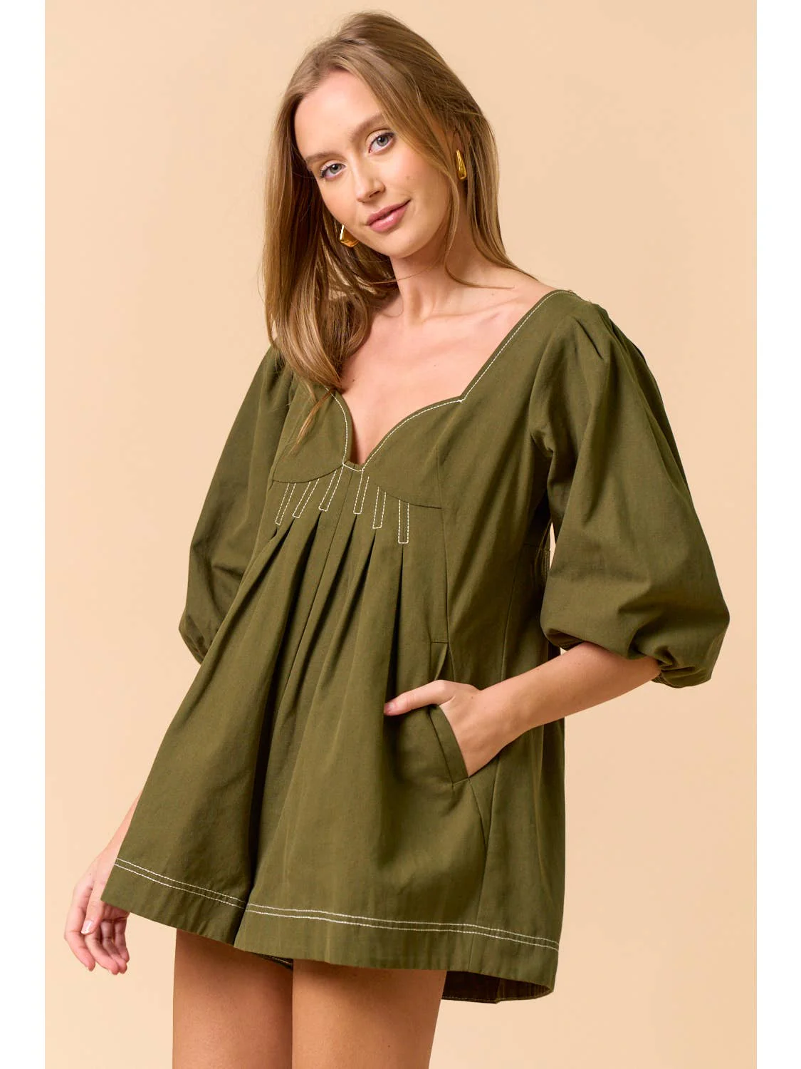 Puff Sleeve Olive Romper - Image 2