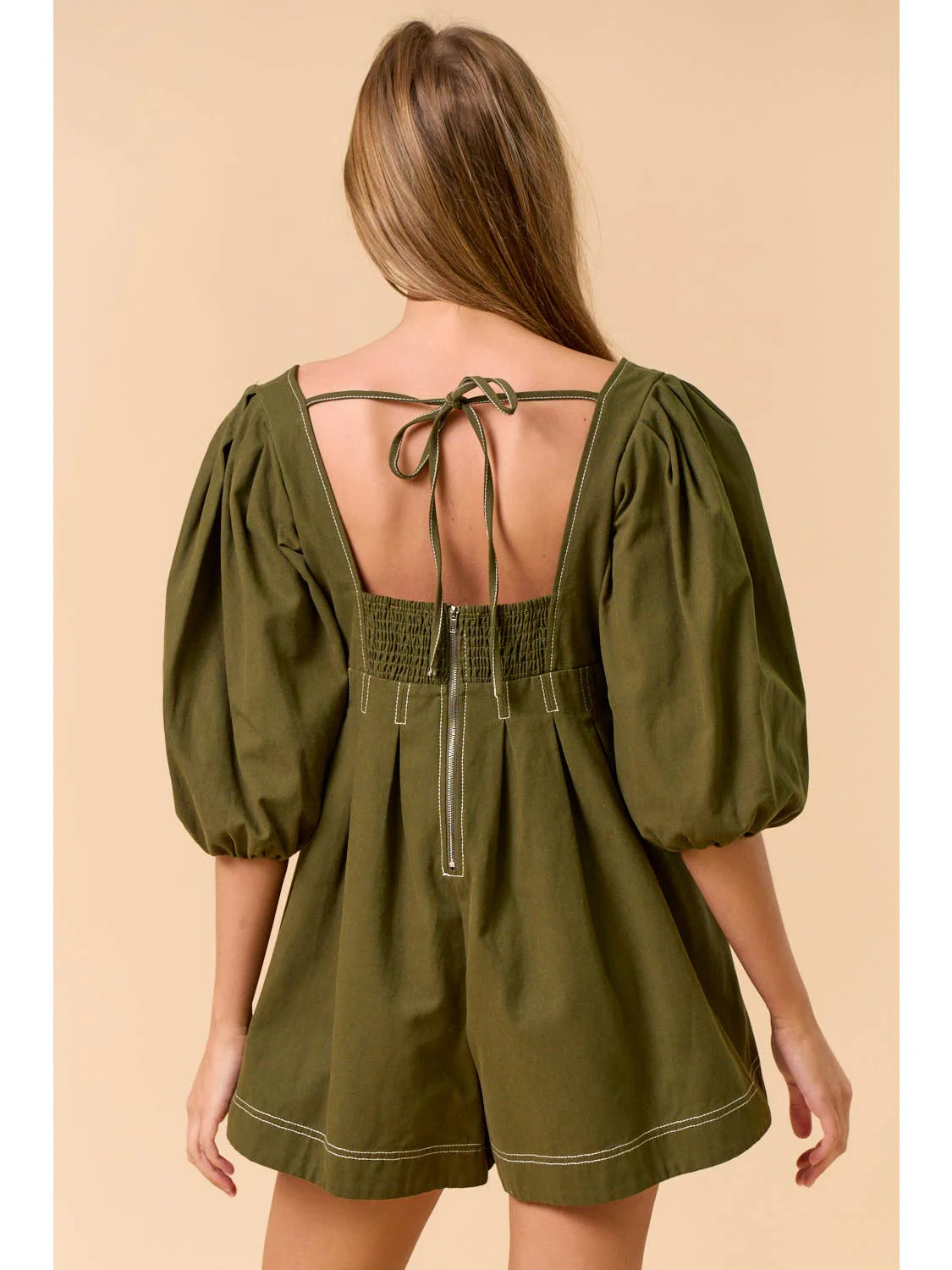 Puff Sleeve Olive Romper - Image 4