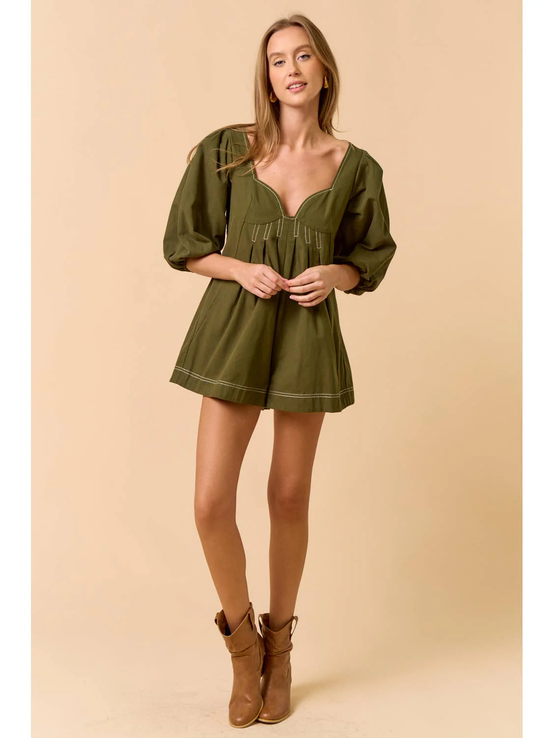 Puff Sleeve Olive Romper - Image 5