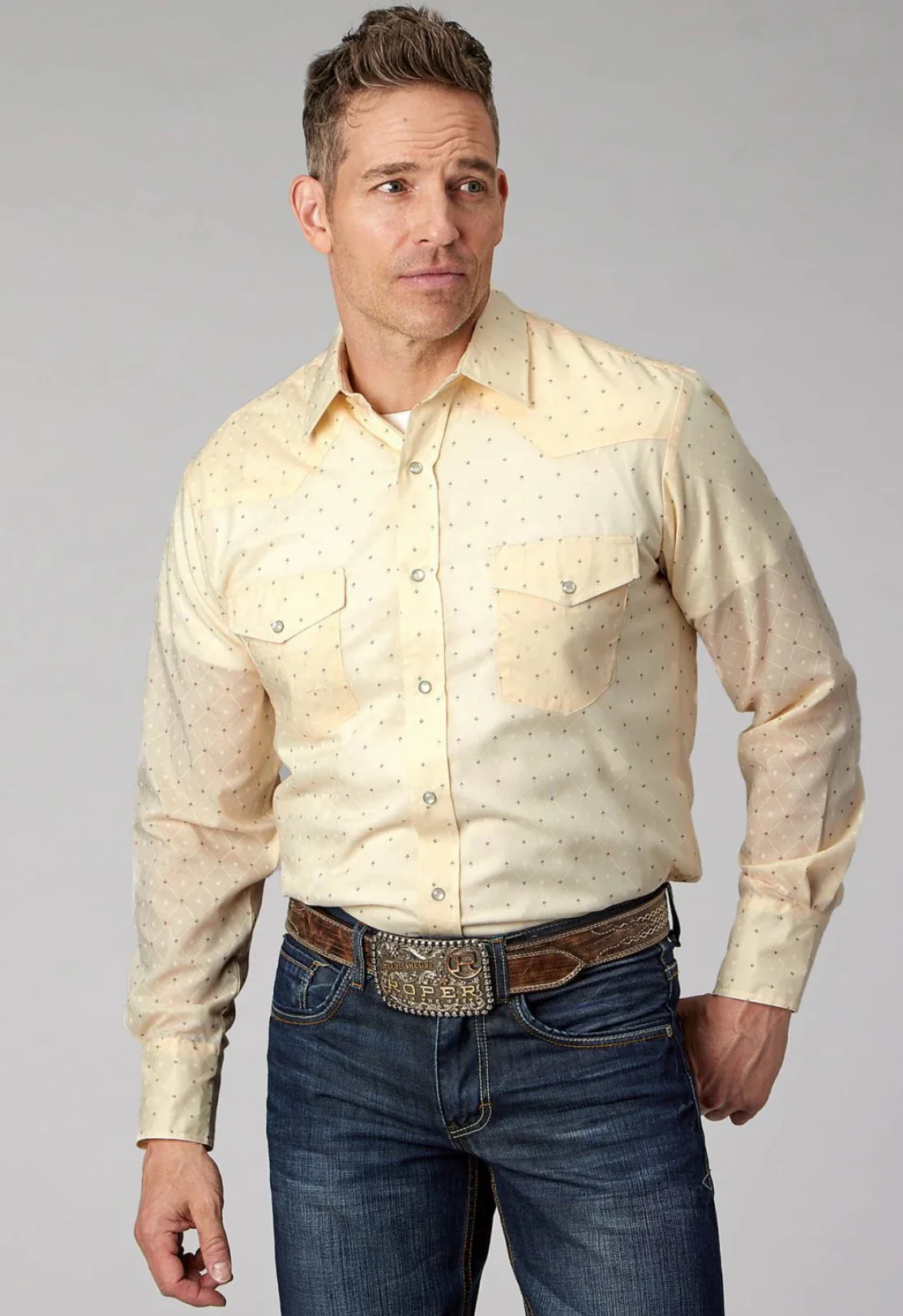 Roper Mens 2067 Diamond Wallpaper White Cotton Blend L/S Shirt - Image 3