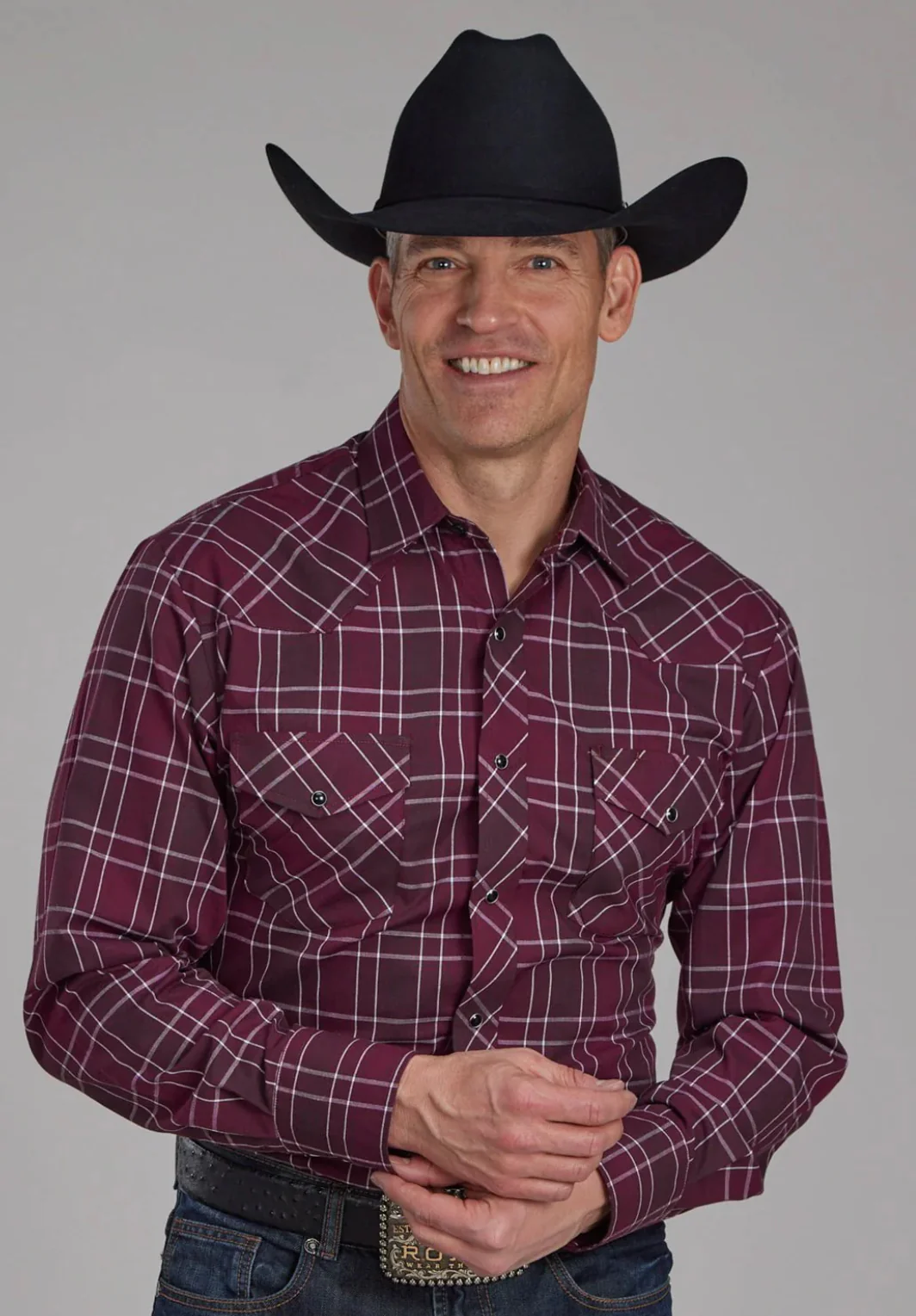 Roper Mens 2104 Plaid Wine/White Cotton Blend L/S Shirt - Image 2