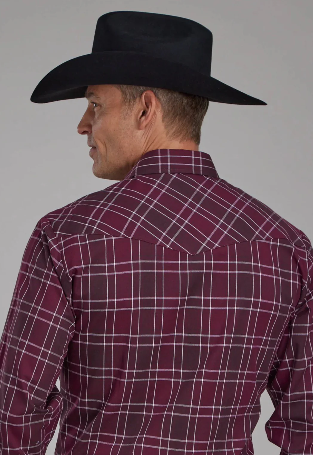 Roper Mens 2104 Plaid Wine/White Cotton Blend L/S Shirt - Image 3