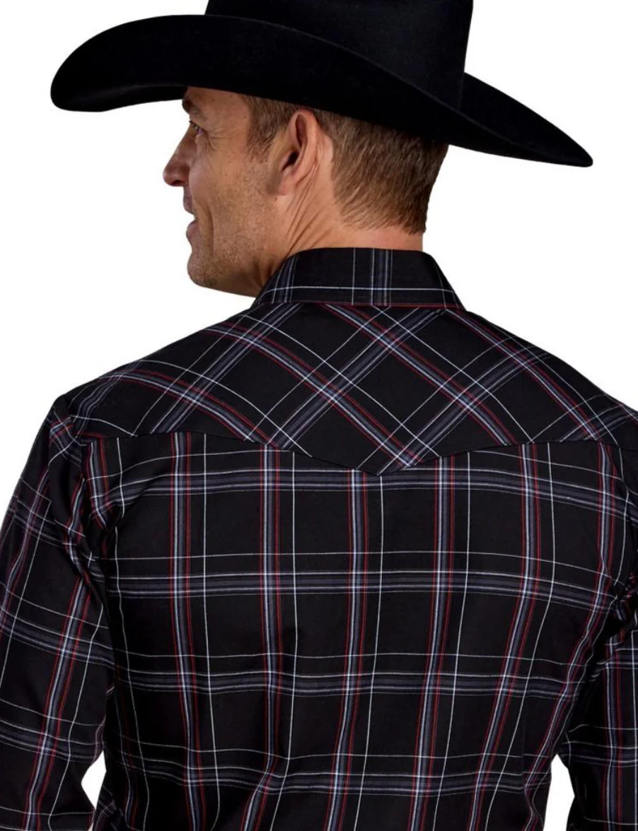 Roper Western Shirt Mens L/S Plaid Black Gray Red - Image 2