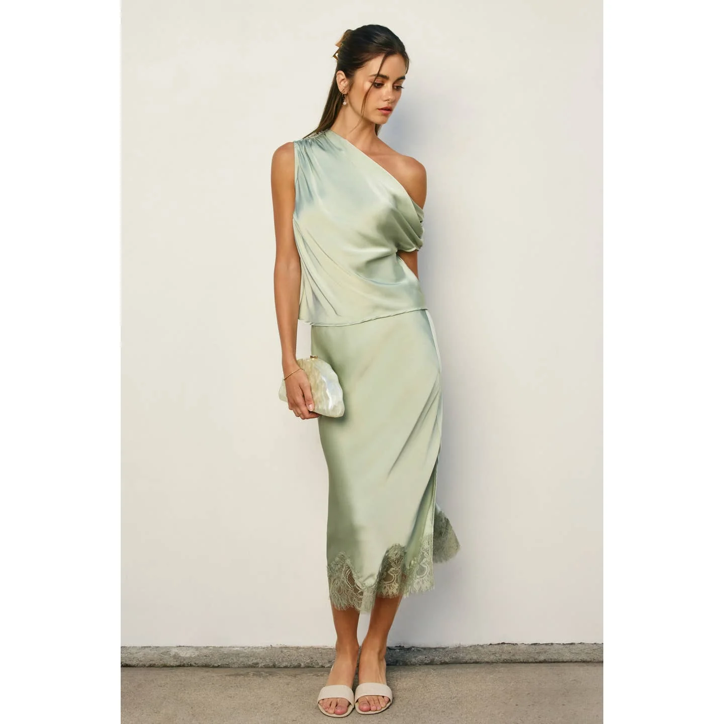 Sage Satin and Lace Pencil Skirt - Image 2