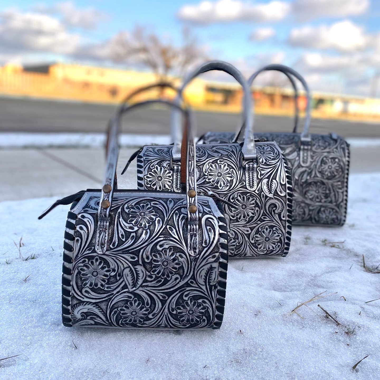 Silver Floral Tooled Duffle Bag