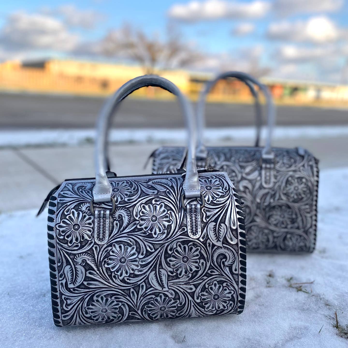 Silver Floral Tooled Duffle Bag - Image 2