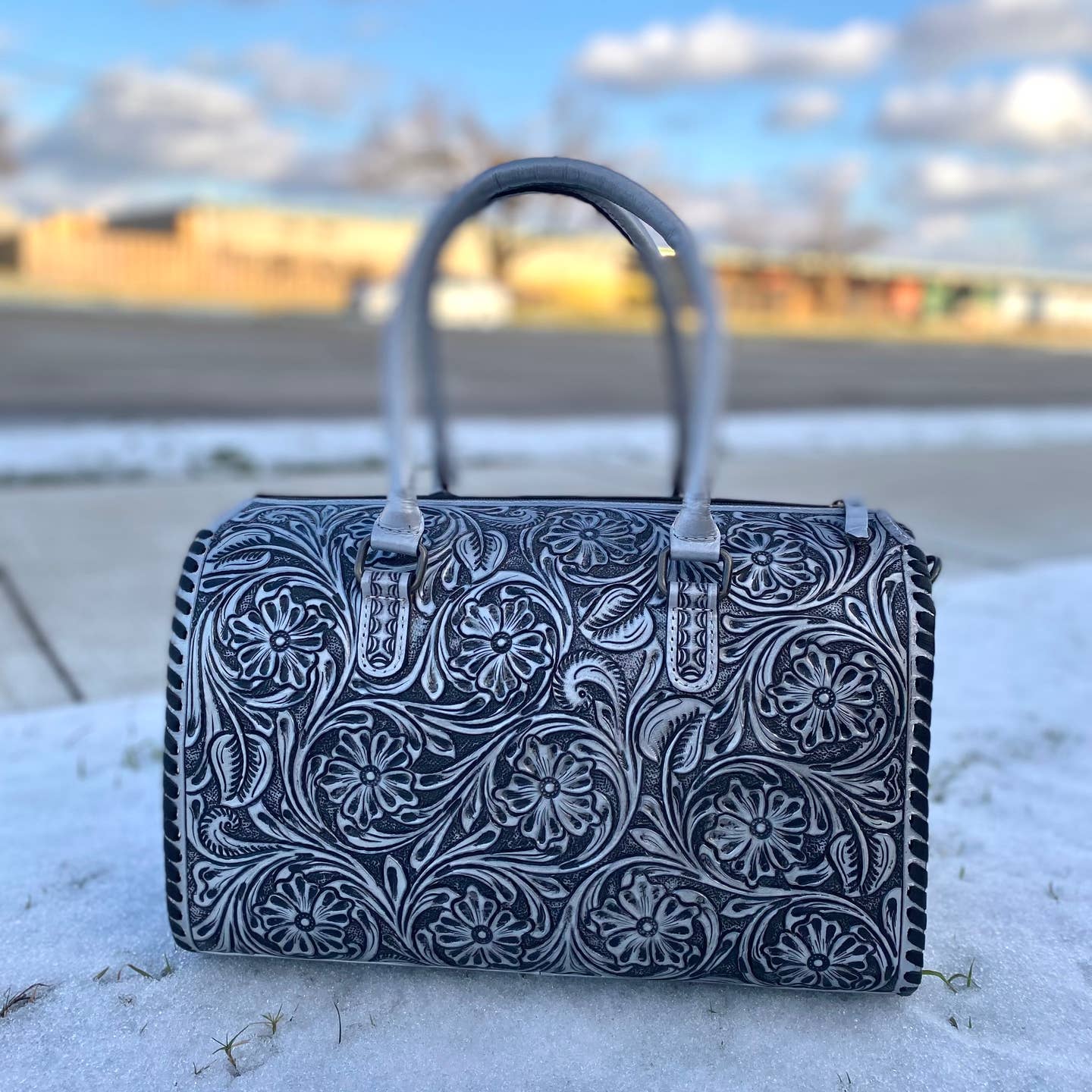 Silver Floral Tooled Duffle Bag - Image 3