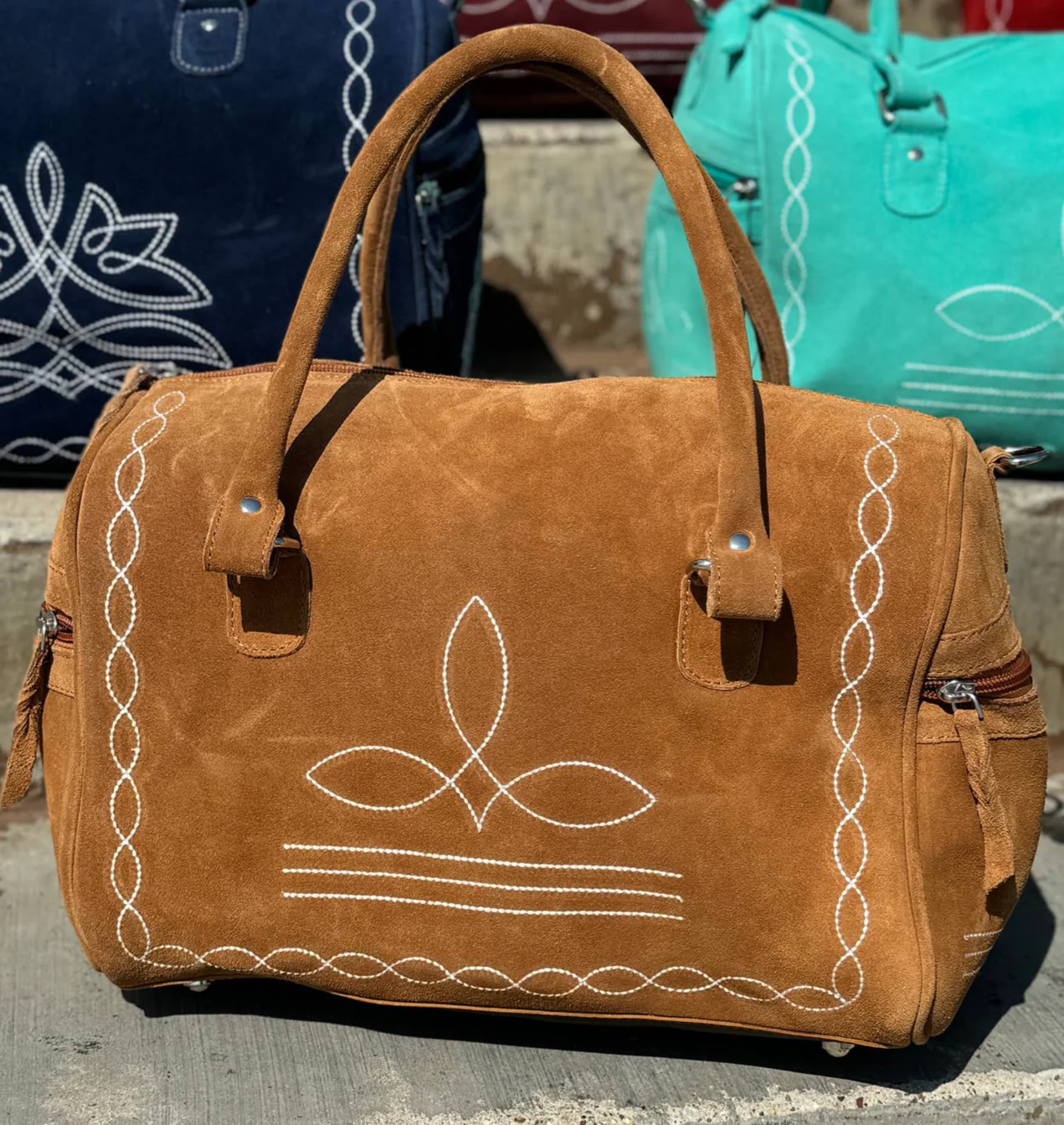 Tan Boot Stitch Suede Mini Duffle Bag