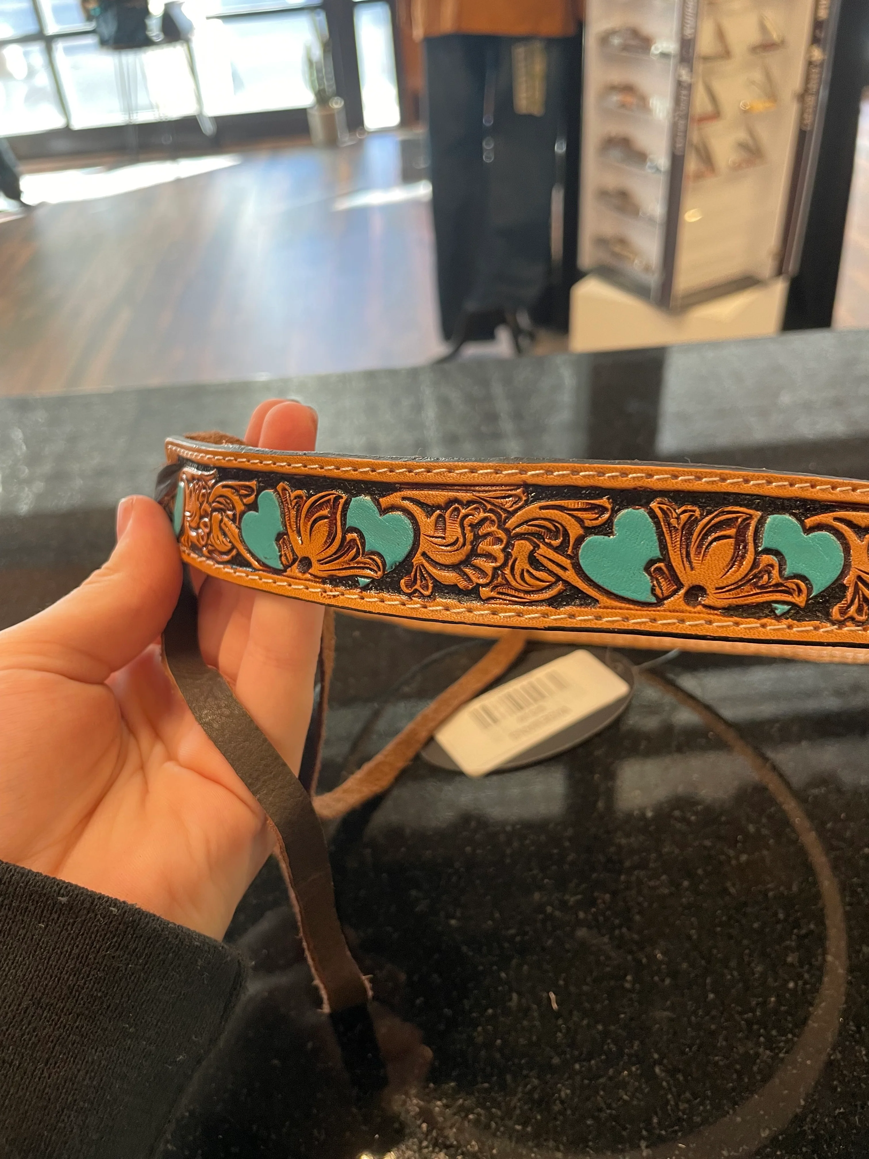 Tooled leather turquoise heart hat band - Image 2