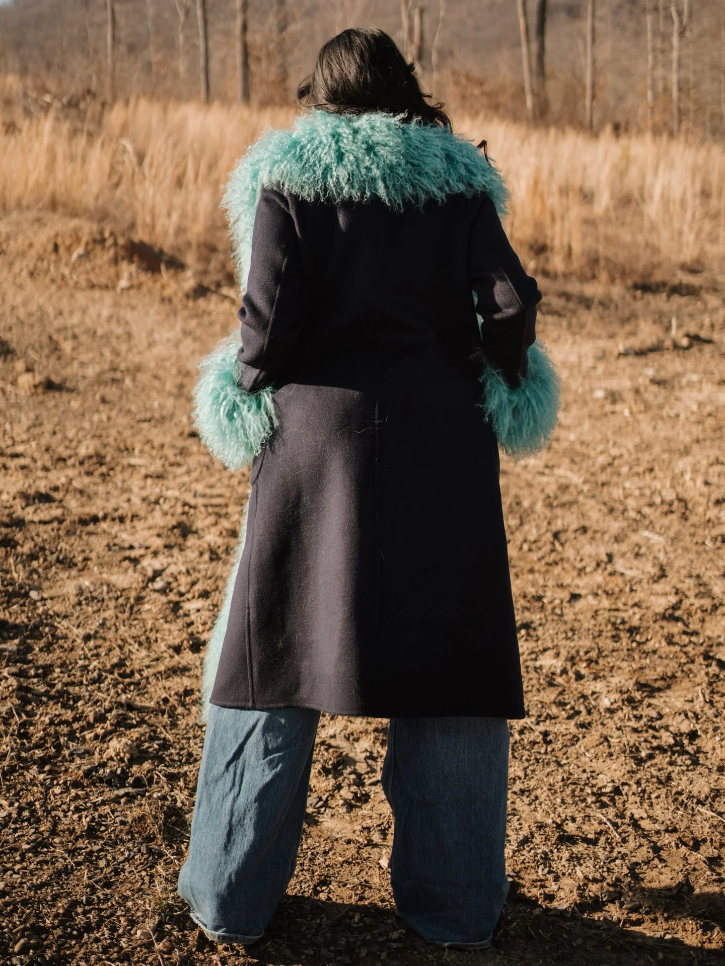 Turquoise Mongolian Wool Collar Cashmere Coat - Image 2