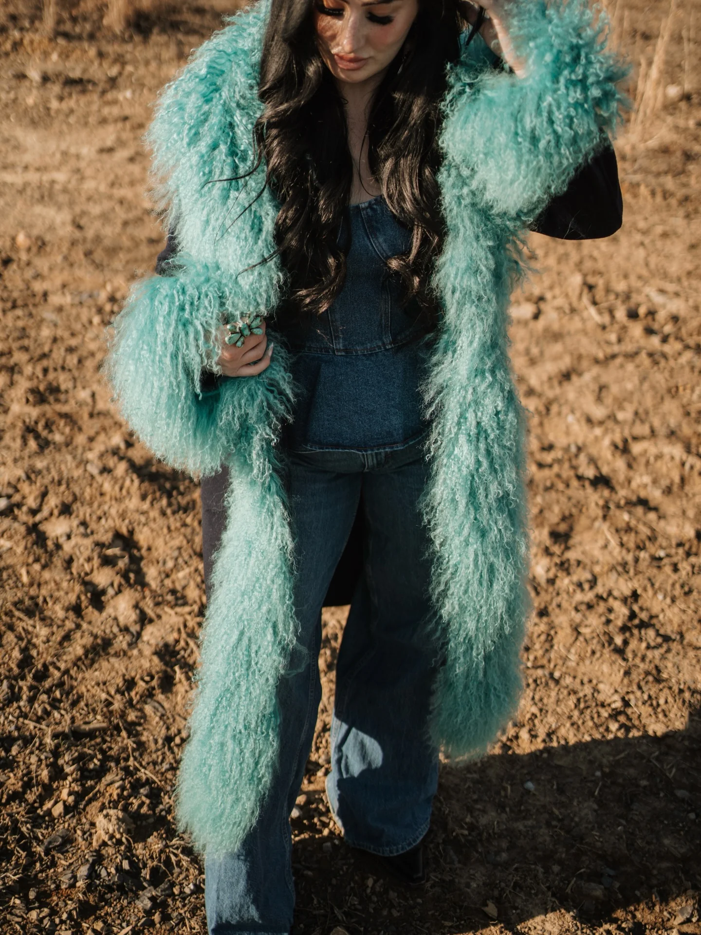 Turquoise Mongolian Wool Collar Cashmere Coat - Image 3