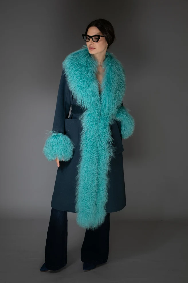 Turquoise Mongolian Wool Collar Cashmere Coat - Image 5