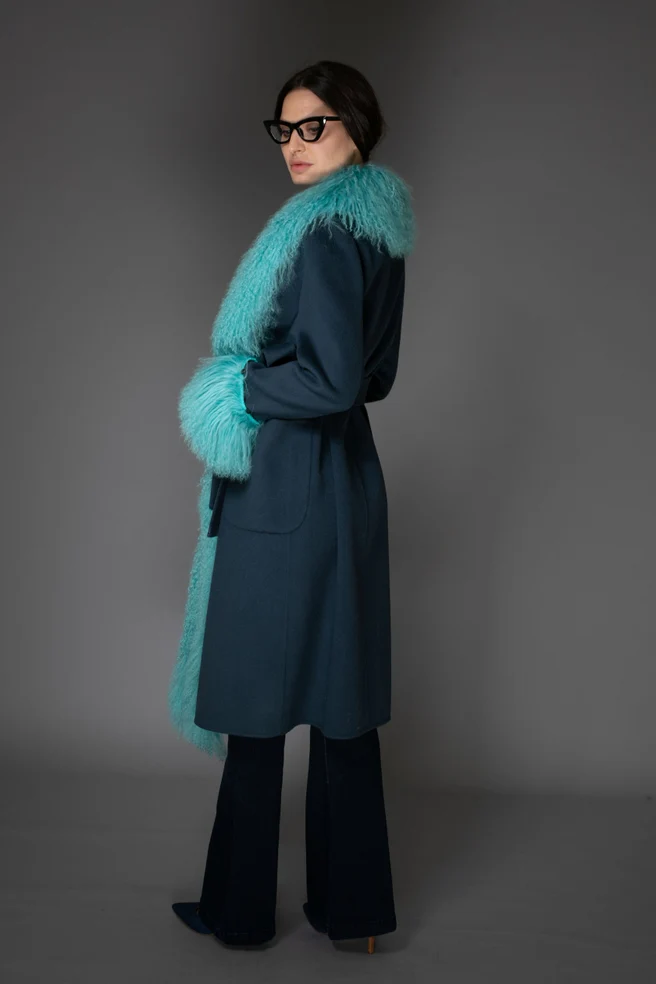 Turquoise Mongolian Wool Collar Cashmere Coat - Image 6