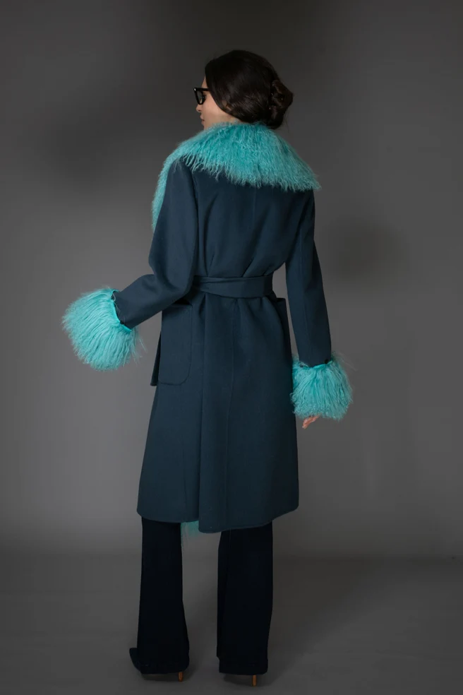 Turquoise Mongolian Wool Collar Cashmere Coat - Image 7