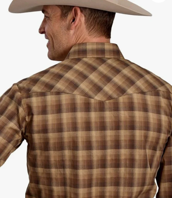 Western Shirt Mens L/S Plaid Brown Tan - Image 2