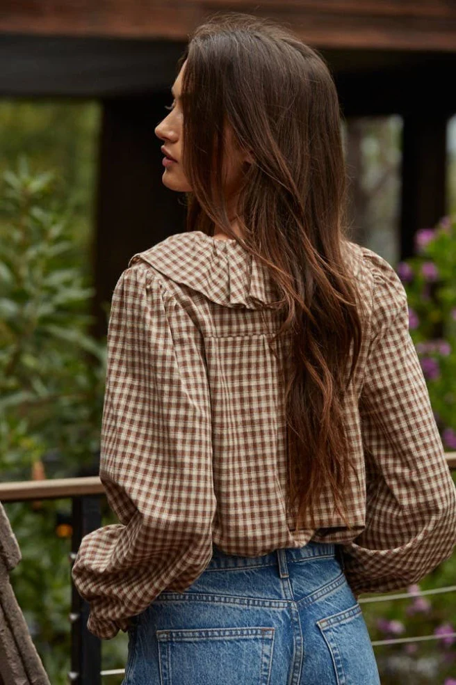 Woven Cotton Gingham Ruffled Blouse - Image 2