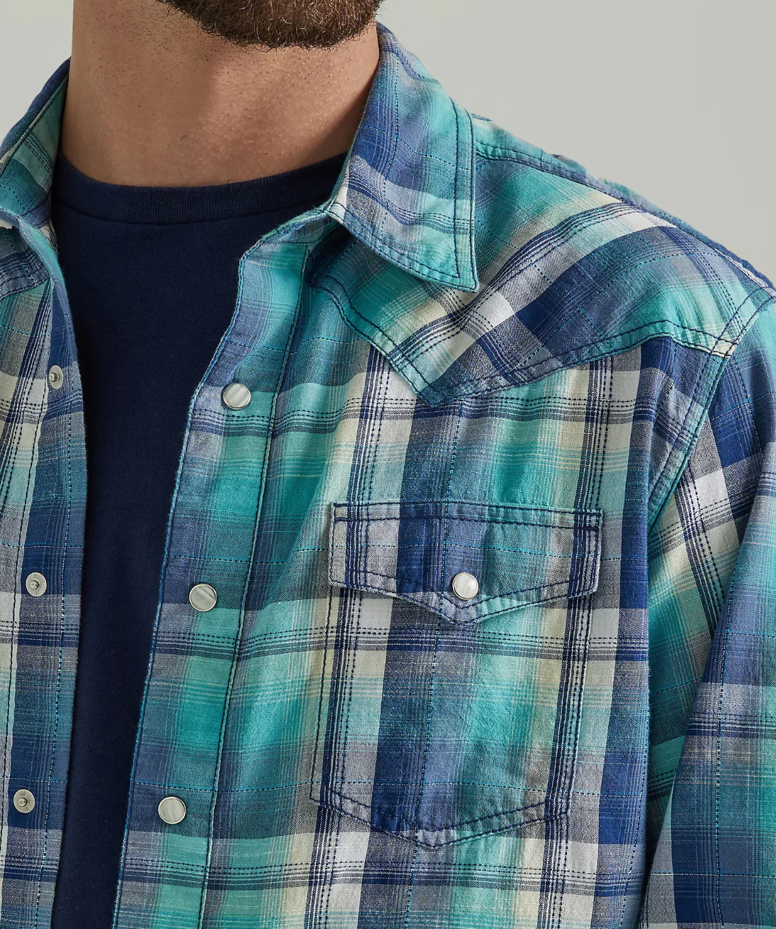 Wrangler Blue And White Long Sleeve Pearl Snap - Image 2